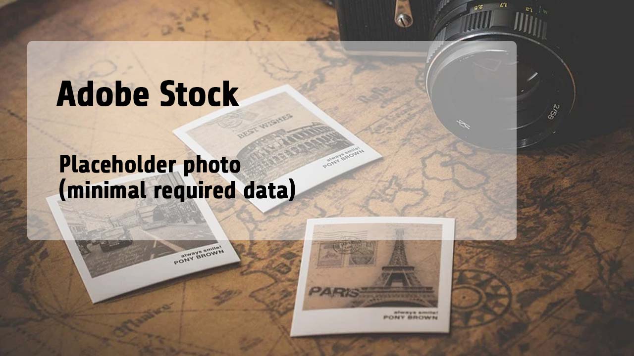 A vintage camera on a textured surface with travel-themed polaroid photos arranged nearby. The photos feature landmarks such as the Eiffel Tower. The background includes a map, adding to the travel aesthetic.