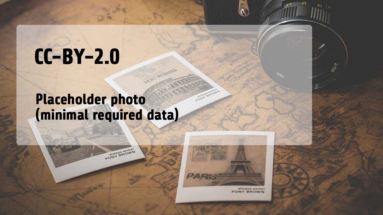 A camera rests on a map, with three instant photos displayed nearby. One photo shows the Eiffel Tower, another depicts a city street, and the third has the text "Best Wishes." The overall setting conveys a nostalgic travel theme.