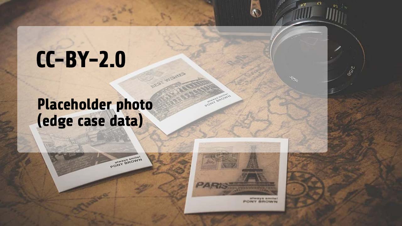 A camera is placed on a textured surface, with several small, white-bordered photographs nearby. The photos display various images, including landmarks and greetings. The background features a map pattern, adding context to travel or exploration themes.